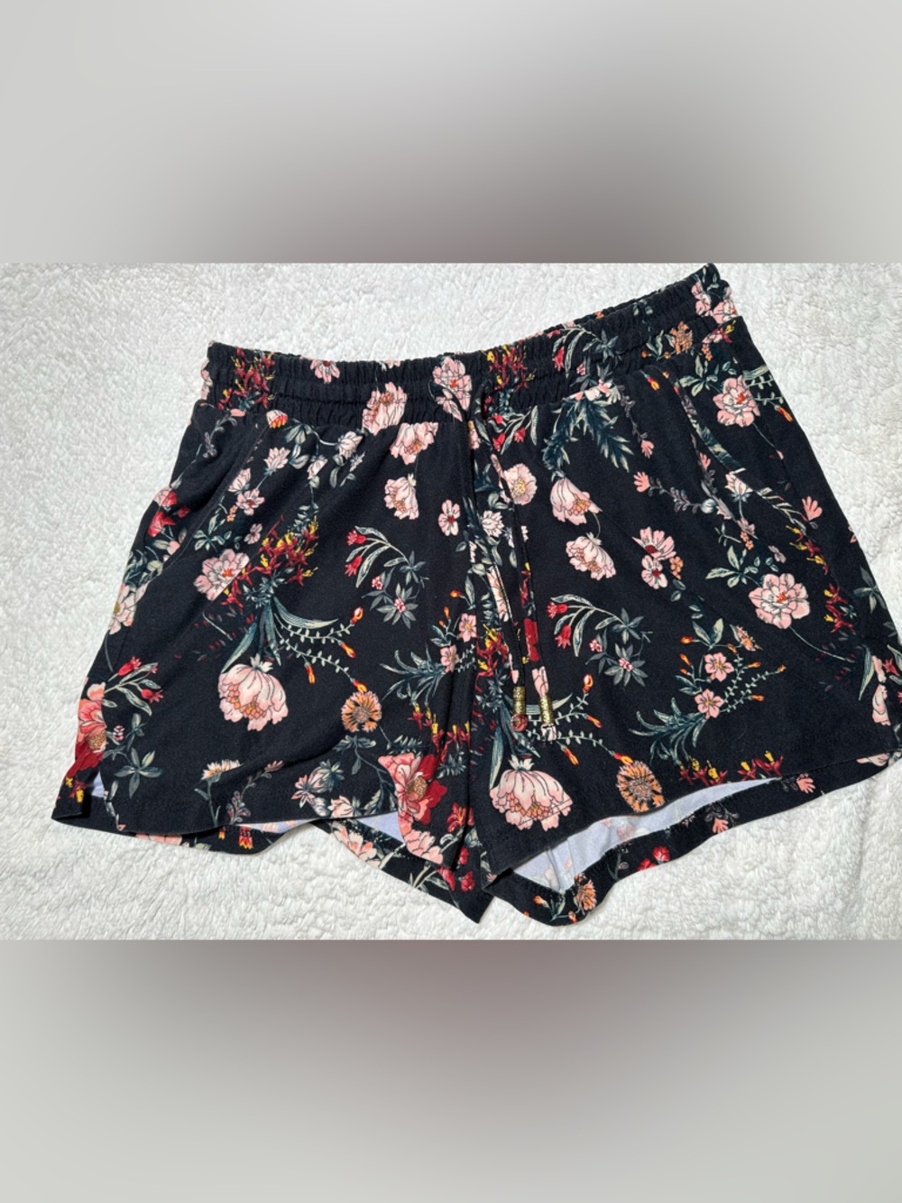 Mudd Black Floral Elastic Waist Shorts with Pink and Green Accents